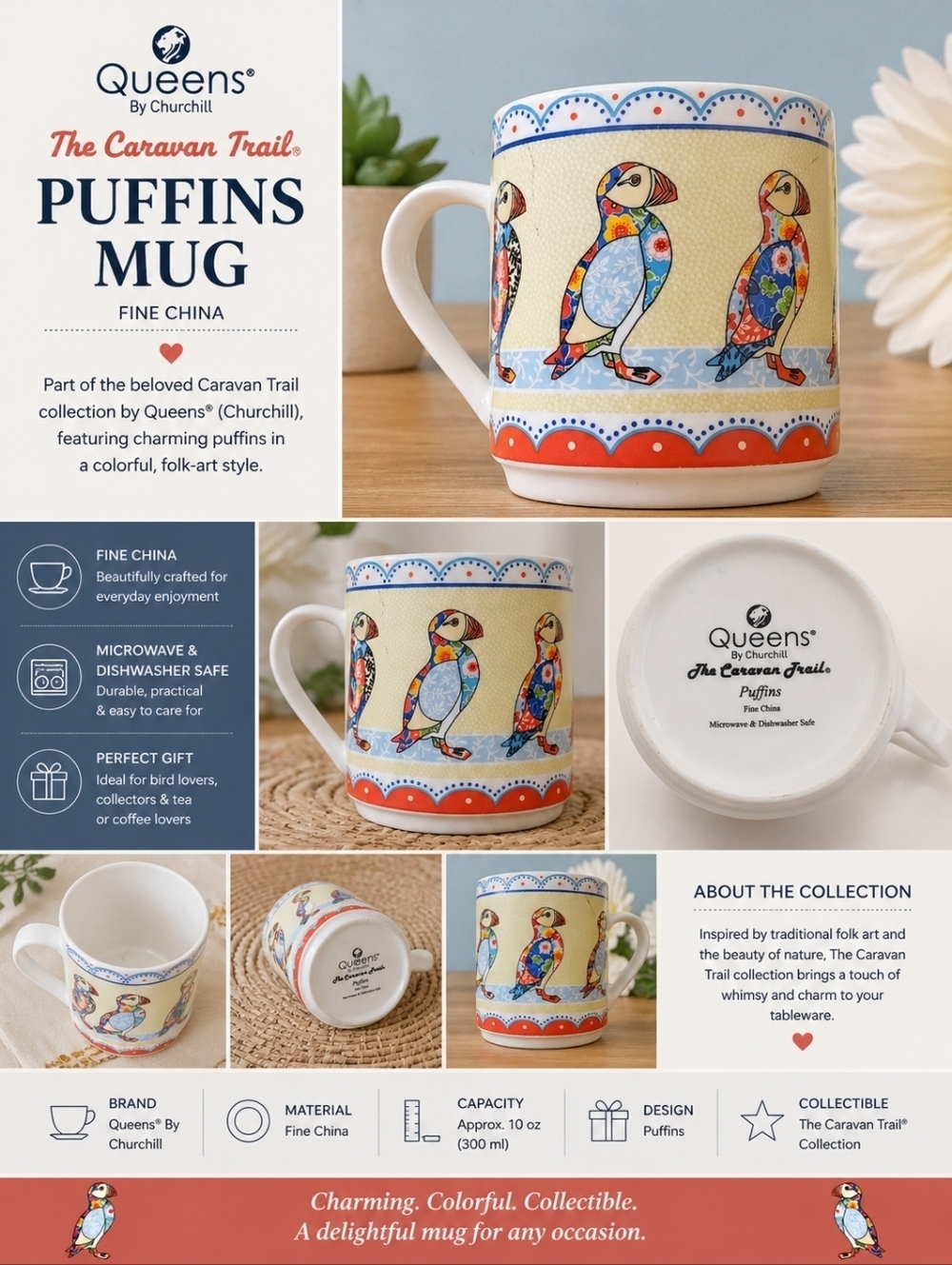 Queens by Churchill Puffins Mug Fine China Caravan Trail Colorful Bird Cup